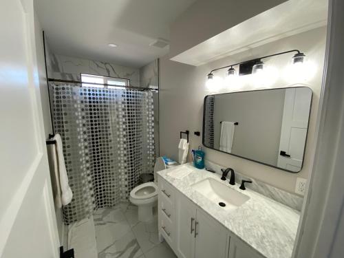 a bathroom with a sink and a toilet and a mirror at La casa de Reymar in Phoenix