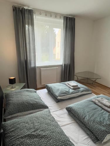 two twin beds in a room with a window at Apartments Gala Abertamy in Abertamy