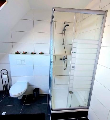 La salle de bains est pourvue d'une douche et de toilettes. dans l'établissement Moderne Wohnung in ruhiger Lage, à Krefeld