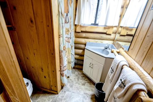 a small bathroom with a sink and a toilet at Experience Montana Cabins - Cowboy #5 in Bigfork