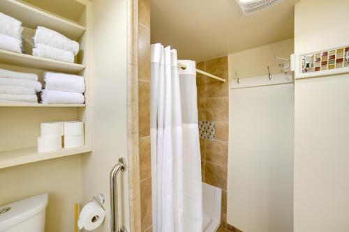 a bathroom with a shower and a toilet and towels at Walk to Water St and River Quaint Saugatuck Apt in Saugatuck