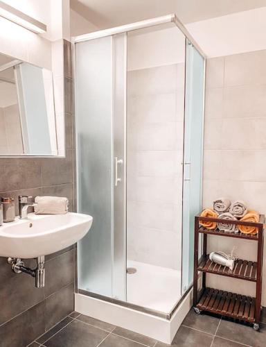La salle de bains est pourvue d'une douche en verre et d'un lavabo. dans l'établissement Cozy apartment next to Presidential palace, à Bratislava