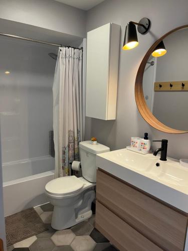 a bathroom with a toilet and a sink and a mirror at Newly Updated Modern, Spacious, and Cozy Condo- Right on the Lake! in Lake Geneva