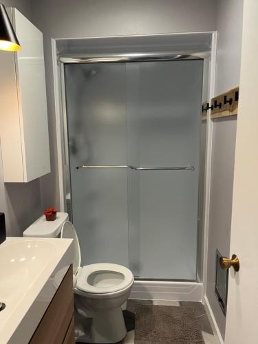 a bathroom with a toilet and a glass shower at Newly Updated Modern, Spacious, and Cozy Condo- Right on the Lake! in Lake Geneva