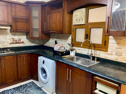 a kitchen with a sink and a washing machine at Cozy 3BR Apartment in Maadi in Cairo