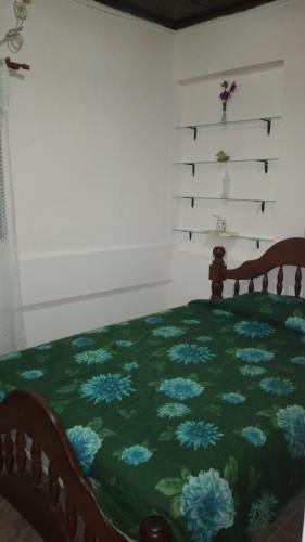 a bed with a green blanket with blue flowers on it at San Miguel in Formosa
