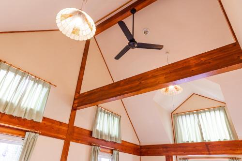 a ceiling fan and mirror in a room with windows at Funny Inn in Hakuba