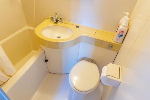 a small bathroom with a toilet and a sink at Funny Inn in Hakuba