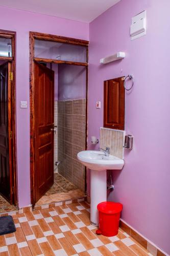 a bathroom with purple walls and a sink at A&B Cozy Apartments Kitale in Kitale