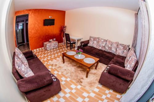 a living room with a couch and a table at A&B Cozy Apartments Kitale in Kitale