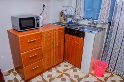 a small kitchen with a microwave and a sink at A&B Cozy Apartments Kitale in Kitale