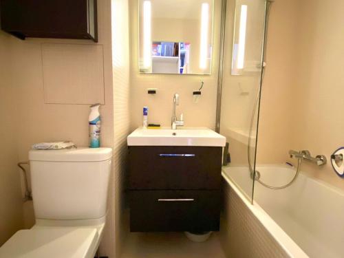 une salle de bain avec un lavabo, des toilettes et une douche dans l'établissement Bel appart rénové 7ème étage, quartier Falaise, balcon exposé sud, TV, internet, casier à skis - FR-1-634-97, à Morzine