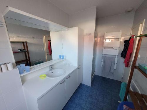 La salle de bains blanche est pourvue d'un lavabo et d'un miroir. dans l'établissement Villa Wimereux, 4 pièces, 6 personnes - FR-1-675-33, à Wimereux