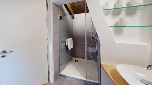 uma casa de banho com um chuveiro e um lavatório. em Family holiday home Tgiampi Sot Lantsch Lenzerheide em Lenz