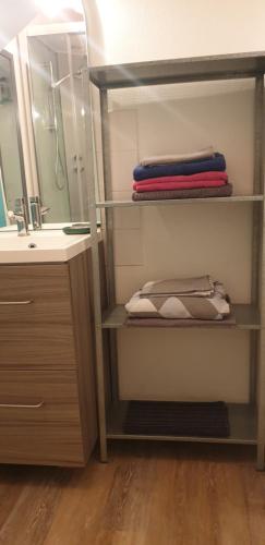 a bathroom with a sink and a shower with towels at Studio meublé et équipé in Ingré