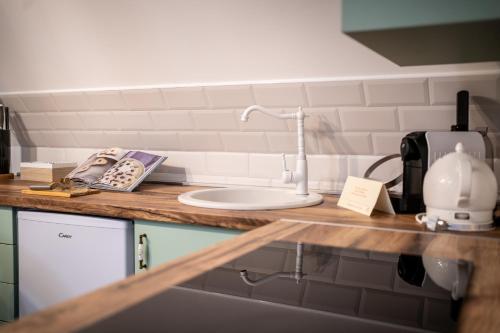 um balcão de cozinha com um lavatório e uma mesa de mistura em Szanna Apartman em Doboz