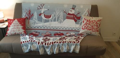 um sofá com almofadas de Natal e um cobertor em Studio meublé et équipé em Ingré