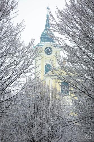 a clock tower with a snow covered tree at Szanna Apartman in Doboz