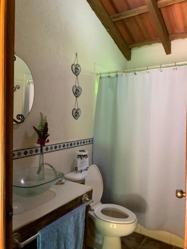 a bathroom with a toilet and a sink and a mirror at Thermal Paradise Villa in Caluco