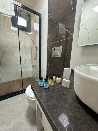 a bathroom with a sink and a toilet and a shower at Mitra otel in Diyarbakır