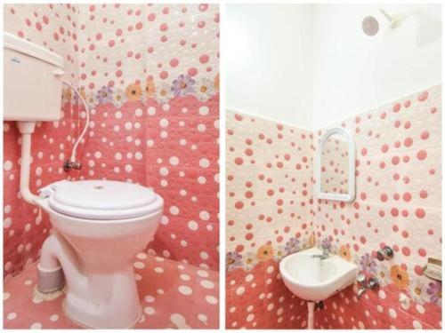 two pictures of a bathroom with a toilet and a sink at HOTEL KK BHAWBAN 1IN PURI in Puri