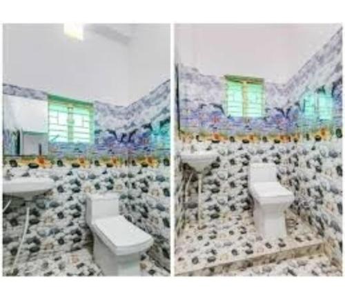 two pictures of a bathroom with two sinks and a toilet at Hotel Pratima And Banquet Hall, Muzaffarpur in Muzaffarpur