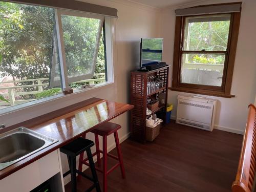 a kitchen with a counter and a sink and two windows at Bellingen Treehouse in Bellingen