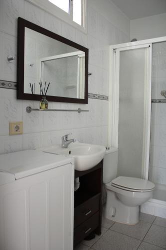 W łazience znajduje się umywalka, toaleta i lustro. w obiekcie Playa Troya In front of Beach, Very quiet w Playa de las Americas