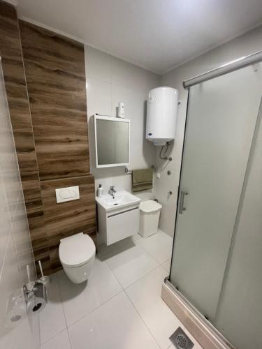uma casa de banho com um WC, um lavatório e um chuveiro em Apartman Lena em Prijedor
