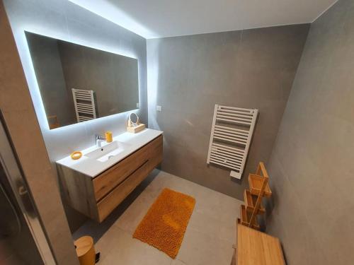 une salle de bain avec un lavabo et un miroir dans l'établissement Bleu Odysée Appartement 2 chambres, terrasse, équipé climatisation, place de parking à disposition, à Canet