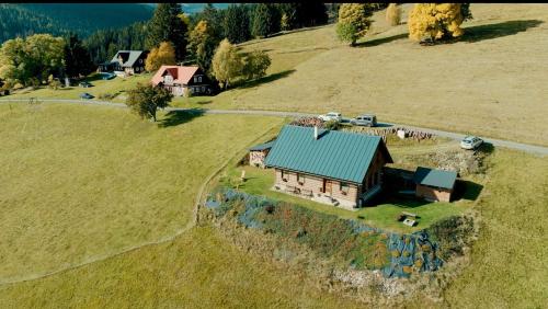 an aerial view of a small house on a field at Apartmán U Setra in Pec pod Sněžkou