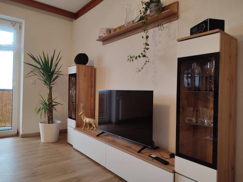 a living room with a flat screen tv on a wall at Ferienwohnung Großalber in Maria Neustift