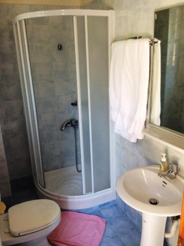 a bathroom with a shower and a toilet and a sink at Angelica Villas Hotel Apartments in Ancient Epidauros