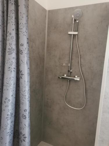 La salle de bains est pourvue d'une douche avec rideau de douche. dans l'établissement Maison Ô calme, à Bréhal