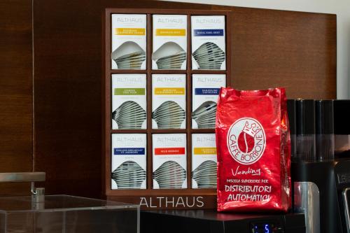 a display case of different types of plates at Euro Hotel Residence in Concorezzo