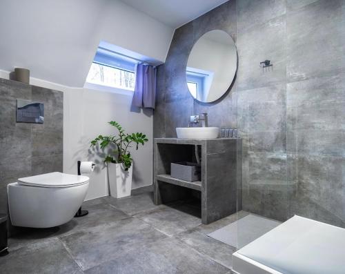 a bathroom with a toilet and a sink and a mirror at Bunkier House in Niedźwiada