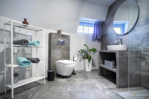 a bathroom with a toilet and a sink and a mirror at Bunkier House in Niedźwiada