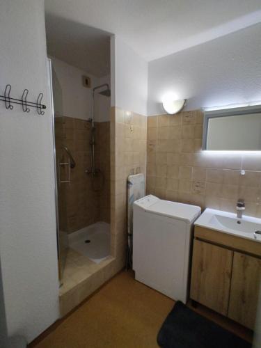 La salle de bains est pourvue d'une douche, de toilettes et d'un lavabo. dans l'établissement Chez Pomy, à Cransac