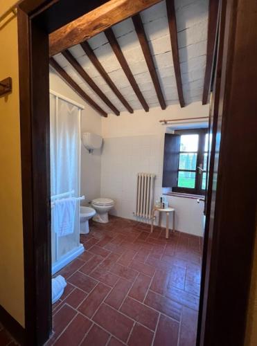 a bathroom with a toilet and a sink at Fattoria Agriturismo Nerbona in Casole dʼElsa