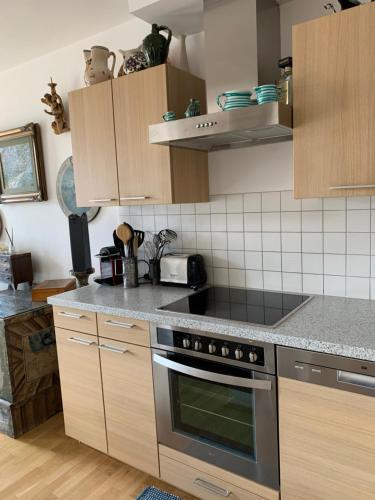 a kitchen with a stainless steel stove top oven at Panorama Spa Lodges DAS.SCHILLER in Bad Gastein