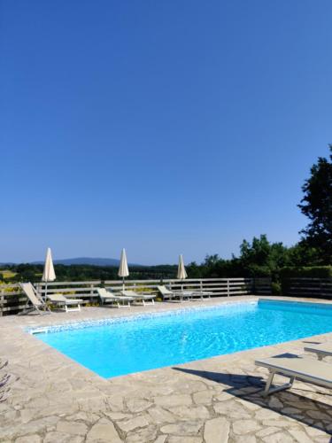 a swimming pool with chairs and umbrellas at Fattoria Agriturismo Nerbona in Casole dʼElsa