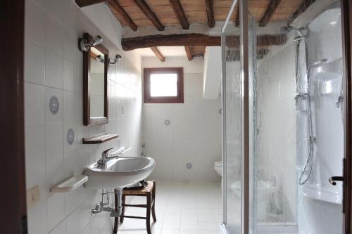 La salle de bains est pourvue d'un lavabo et d'une douche en verre. dans l'établissement Fattoria Agriturismo Nerbona, à Casole dʼElsa