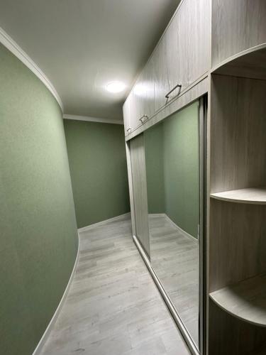 a walk in closet with green walls and wooden shelves at The nest above the clouds in Yakkasaray