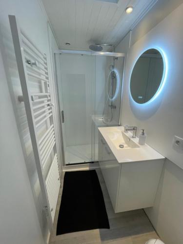 y baño con ducha, lavabo y espejo. en Superbe Maison Rénovée en Centre-ville, en Saint-Pierre-dʼOléron