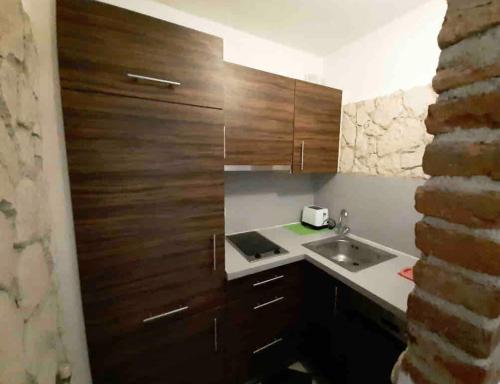 a kitchen with wooden cabinets and a sink at Gästezimmer Lercher in Sankt Veit im Pongau