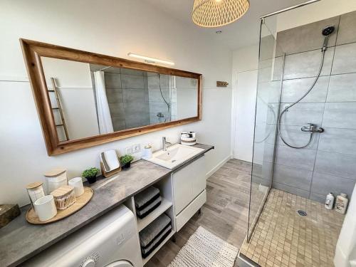 une salle de bain avec un lavabo et une douche avec un miroir dans l'établissement L'horizon Cathare - Sublime vue Cité Médiévale, à Carcassonne