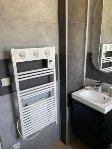 une petite salle de bain avec un lavabo et un miroir dans l'établissement GDK locations meublés DUNKERQUE, à Dunkerque