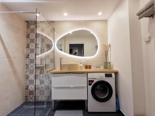 uma casa de banho com uma máquina de lavar roupa e um espelho. em Bel Appartement avec jardin privé au calme em Estrasburgo