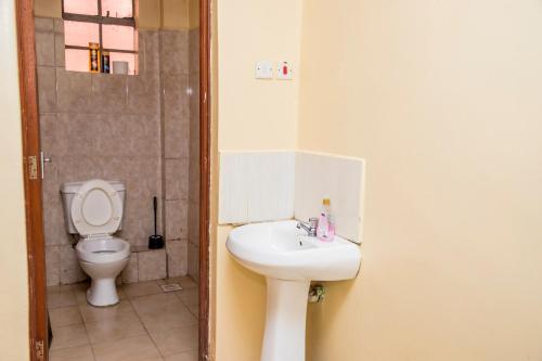 La salle de bains est pourvue d'un lavabo et de toilettes. dans l'établissement Elnara Suites, à Machakos