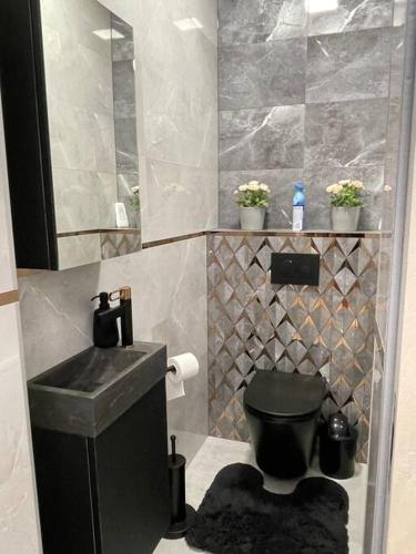 a bathroom with a black toilet and a sink at LuxHome by Lake Neusiedl with Jakuzzi in Fertőszentmiklós